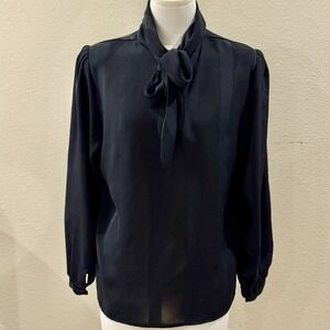 True Vintage Flowy Dressy Top Black Stripe Semi-Sheer Bow Tie Neck Blouse S/M